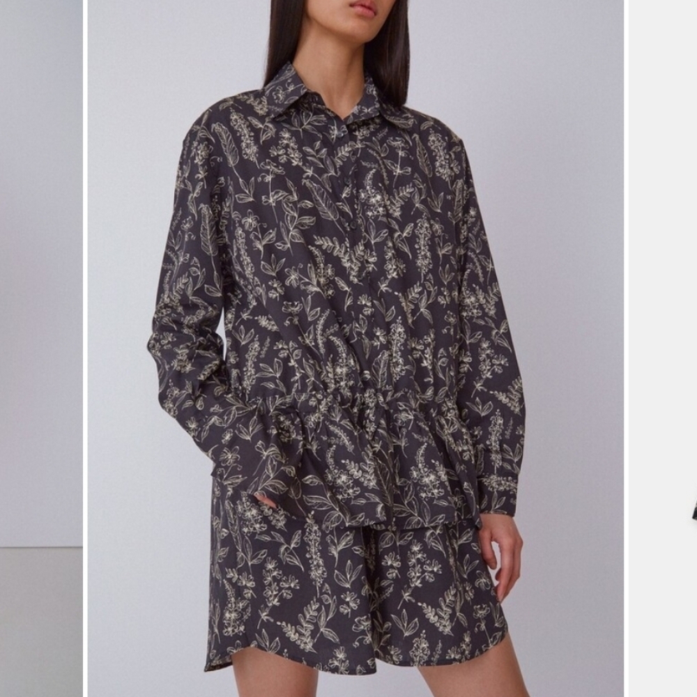 Thakoon Botanical Print Long Sleeve Cotton & Silk Shirtdress in Black NWT